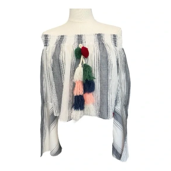 π EUC ANTHROPOLOGIE LILKA White Gray Striped Off Shoulder Playa Top | Sz S - Picture 2 of 8